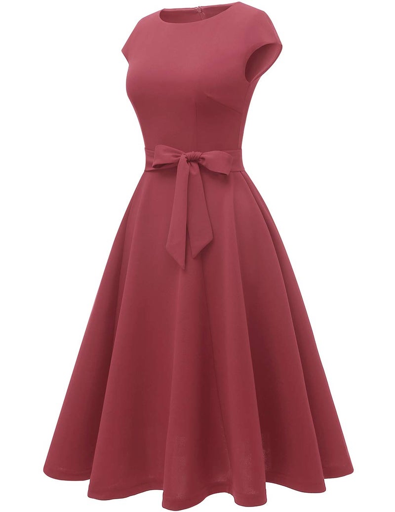 DRESSTELLS Women's Cocktail Dresses, Formal Wedding Guest Modest Church Summer Bridesmaid Party Aline Fit Flare Midi Swing Dress Raspberry 2XL - Image 2